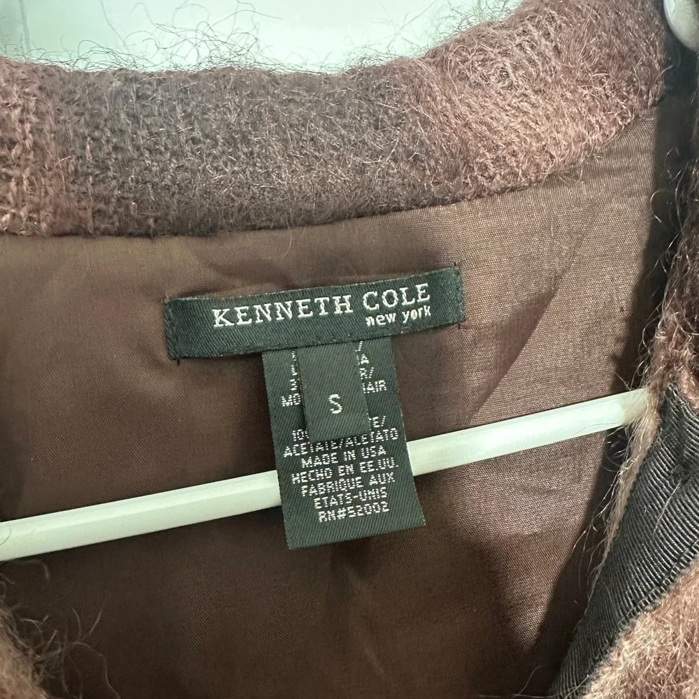 Kenneth Cole NY Mohair Wool Fuzzy Long Sweater Coat Brown Abstract Tie Dye Small